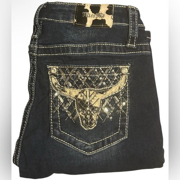 Miss Me Dark Blue Jeans with Gold Accents And A Bull Head Size 25/34 NWOT
